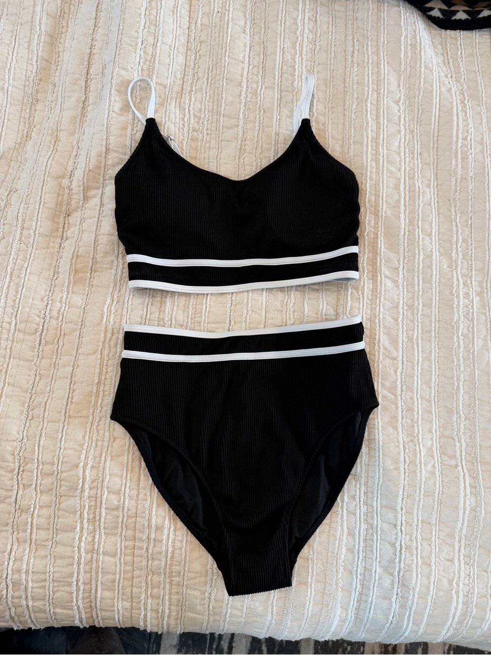 Amazon Black Ribbed Two-Piece Bikini with White Trim